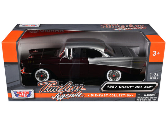 1957 Chevrolet Bel Air Burgundy Metallic and Silver Metallic ’Timeless Legends’ Series 1/24 Diecast Model Car