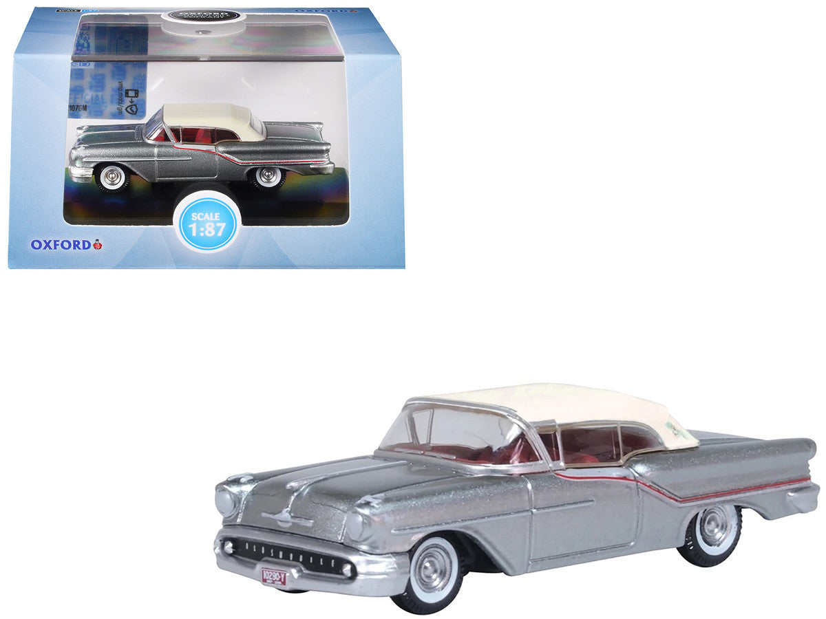 1957 Oldsmobile 88 Convertible (Top-Up) Juneau Gray with White Top and Red Interior 1/87 (HO) Scale Diecast Model Car by Oxford Diecast-3