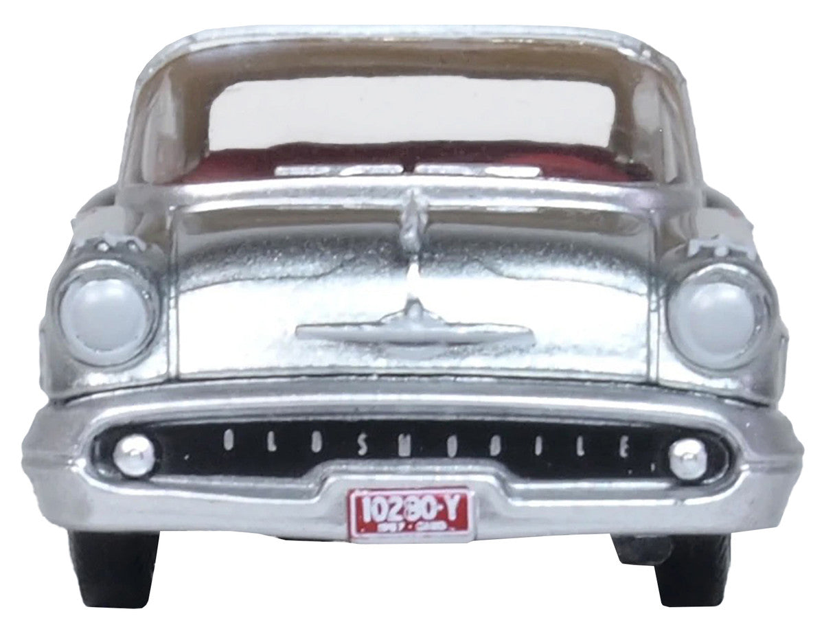 1957 Oldsmobile 88 Convertible (Top-Up) Juneau Gray with White Top and Red Interior 1/87 (HO) Scale Diecast Model Car by Oxford Diecast-1