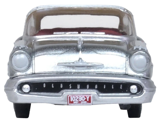 1957 Oldsmobile 88 Convertible (Top-Up) Juneau Gray with White Top and Red Interior 1/87 (HO) Scale Diecast Model Car by Oxford Diecast-1