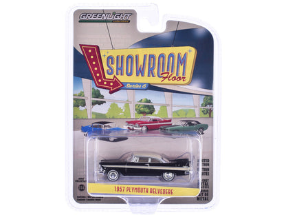 1957 Plymouth Belvedere Jet Black with Sand Dune White Top and Stripes "Showroom Floor" Series 6 1/64 Diecast Model Car by Greenlight-2