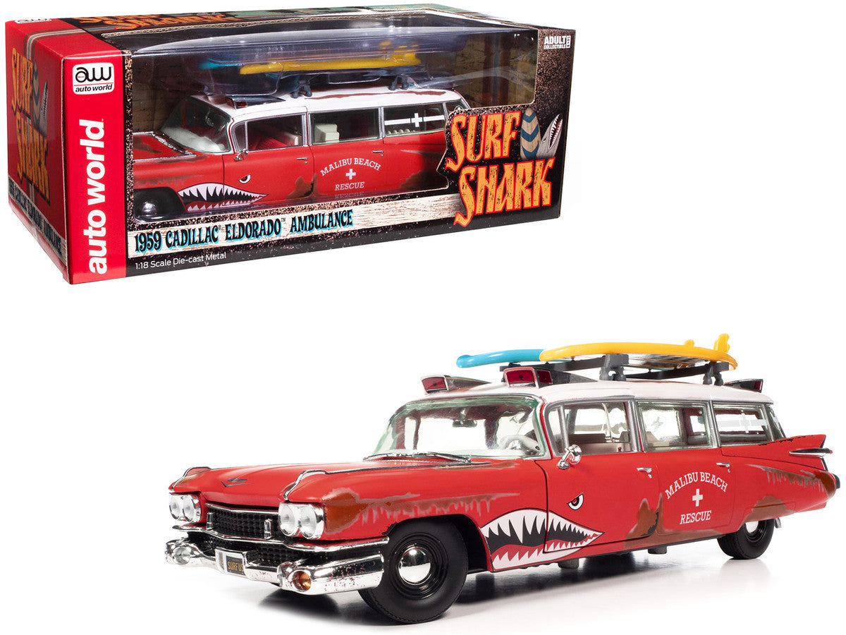 1959 Cadillac Eldorado Ambulance Red with White Top "Malibu Beach Rescue" (Weathered) with Surfboards on Roof "Surf Shark" 1/18 Diecast Model Car by Auto World-0