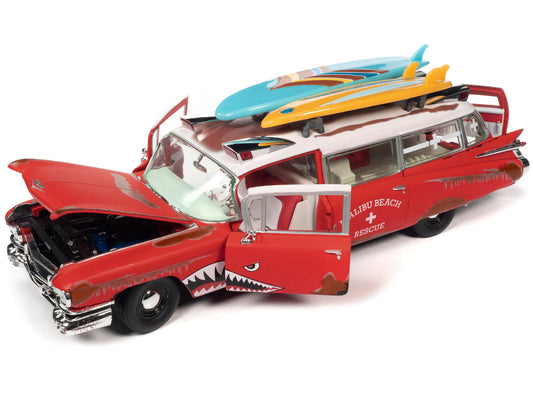 1959 Cadillac Eldorado Ambulance Red with White Top "Malibu Beach Rescue" (Weathered) with Surfboards on Roof "Surf Shark" 1/18 Diecast Model Car by Auto World-1