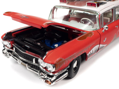 1959 Cadillac Eldorado Ambulance Red with White Top "Malibu Beach Rescue" (Weathered) with Surfboards on Roof "Surf Shark" 1/18 Diecast Model Car by Auto World-2