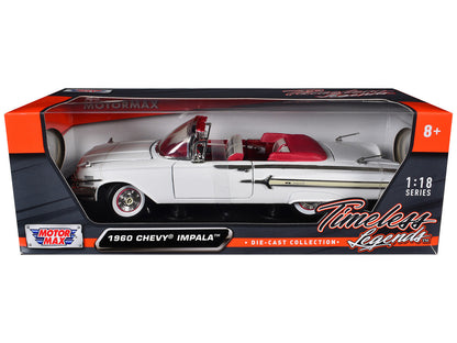 1960 Chevrolet Impala Convertible White with Red Interior 1/18 Diecast Model Car by Motormax-1