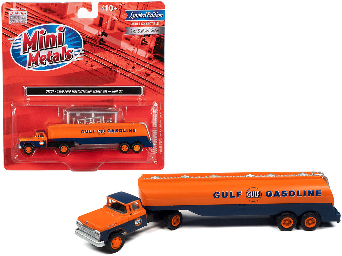 1960 Ford Tanker Truck Orange and Blue "Gulf Oil" 1/87 (HO) Scale Model by Classic Metal Works-0