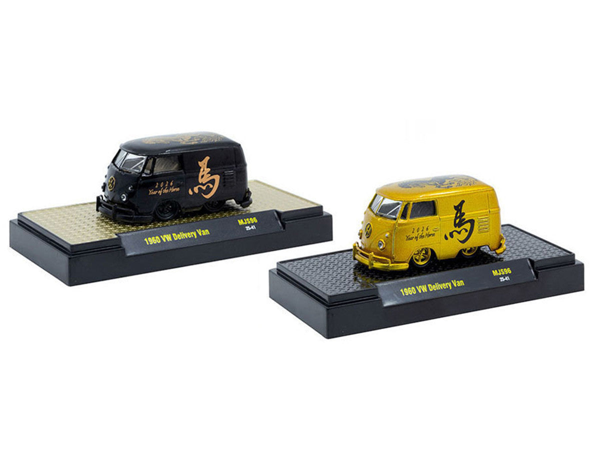 1960 Volkswagen Delivery Van Black with Graphics and 1960 Volkswagen Delivery Van Gold Metallic with Graphics "2026 Year Of The Horse" Set of 2 pieces Limited Edition to 2026 pieces Worldwide 1/64 Diecast Model Cars by M2 Machines-1