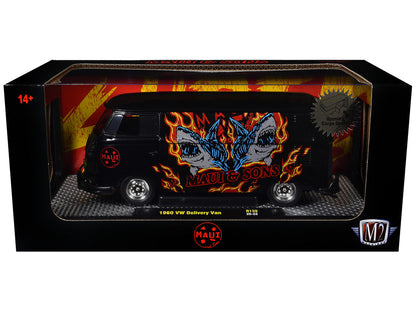 1960 Volkswagen Delivery Van "Maui & Sons" Black with Graphics Limited Edition to 4050 pieces Worldwide 1/24 Diecast Model Car by M2 Machines-1