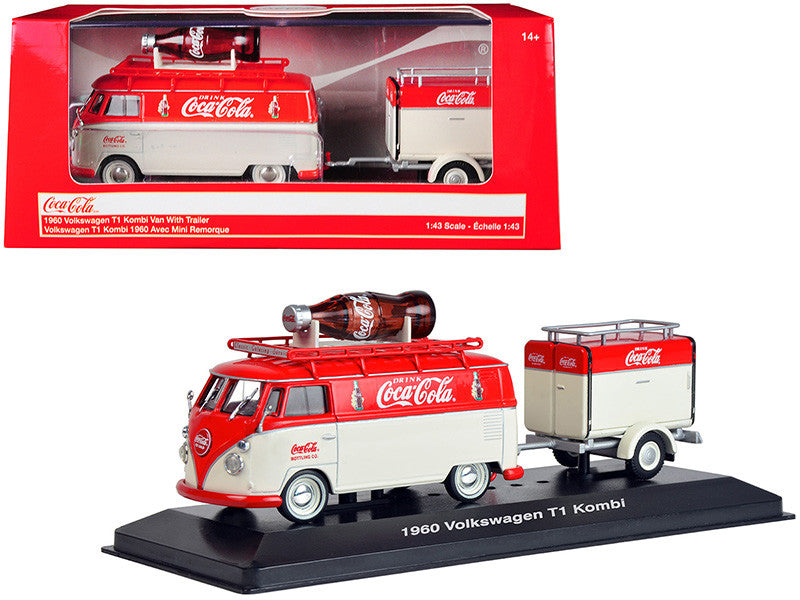 1960 Volkswagen T1 Kombi Van with Trailer Red and Cream "Coca Cola" 1/43 Diecast Model Car by Motorcity Classics-0