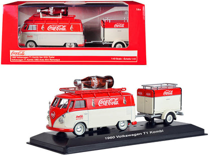 1960 Volkswagen T1 Kombi Van with Trailer Red and Cream "Coca Cola" 1/43 Diecast Model Car by Motorcity Classics-0