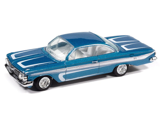 1961 Chevrolet Impala SS 409 Blue Metallic with White Stripes and Interior ’Scrapin’’ Series 1/64 Diecast Model Car