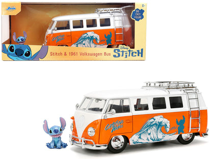 1961 Volkswagen Bus "Catching Waves" White and Orange with Stich Diecast Figure "Disney's Stitch" "Hollywood Rides" Series 1/24 Diecast Model by Jada-4