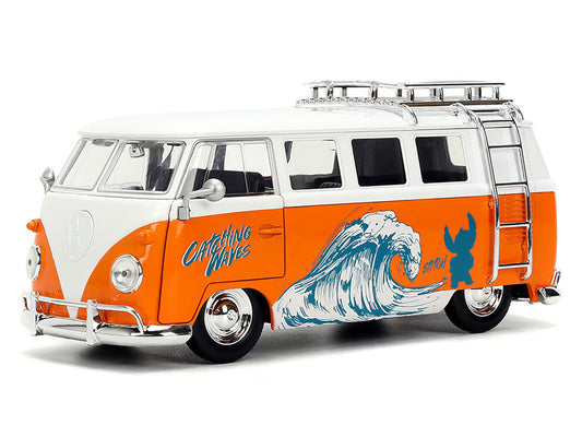 1961 Volkswagen Bus "Catching Waves" White and Orange with Stich Diecast Figure "Disney's Stitch" "Hollywood Rides" Series 1/24 Diecast Model by Jada-1
