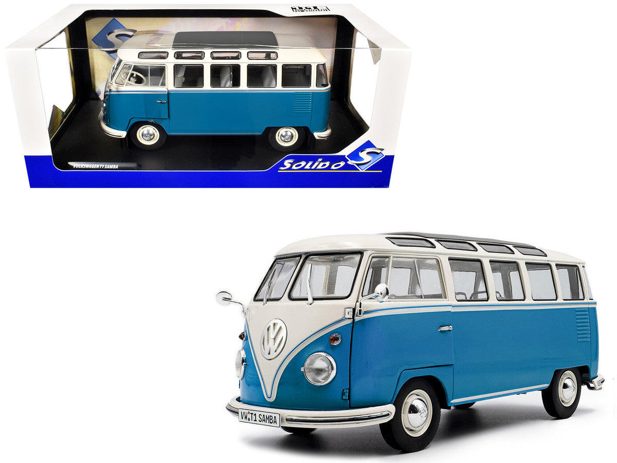 1962 Volkswagen T1 Samba Bus Baby Blue and White 1/18 Diecast Model Car by Solido-4