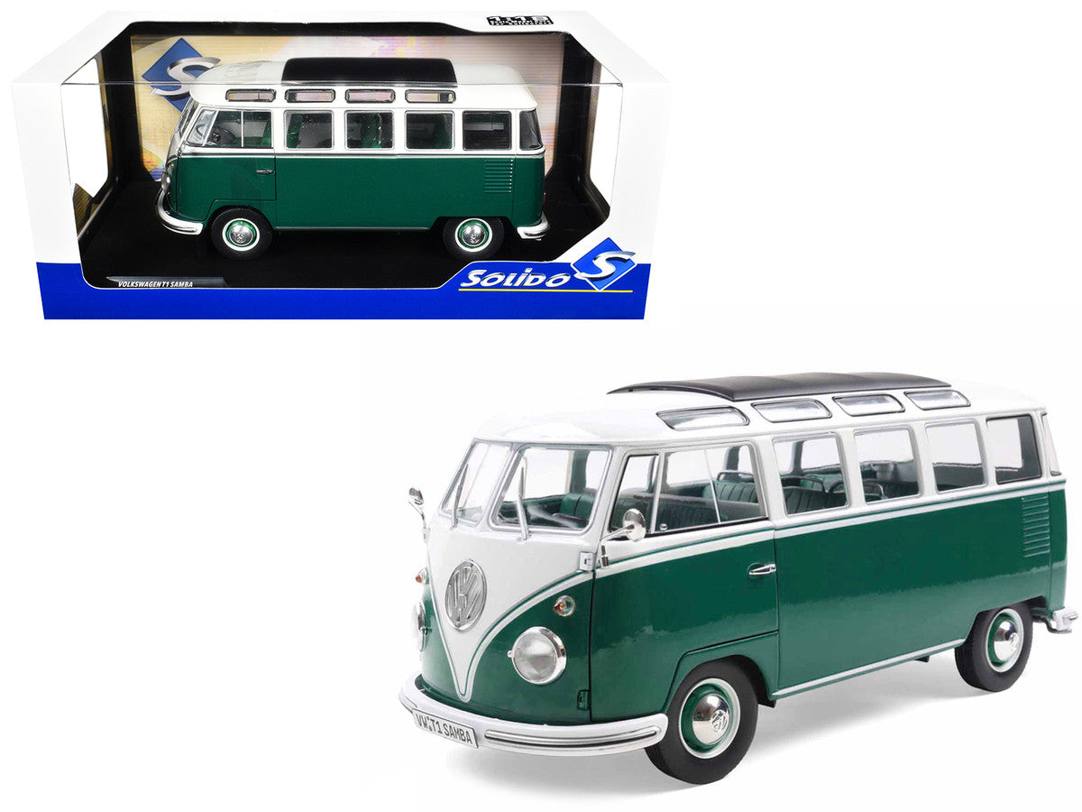 1962 Volkswagen T1 Samba Bus Green and White 1/18 Diecast Model Car by Solido-0