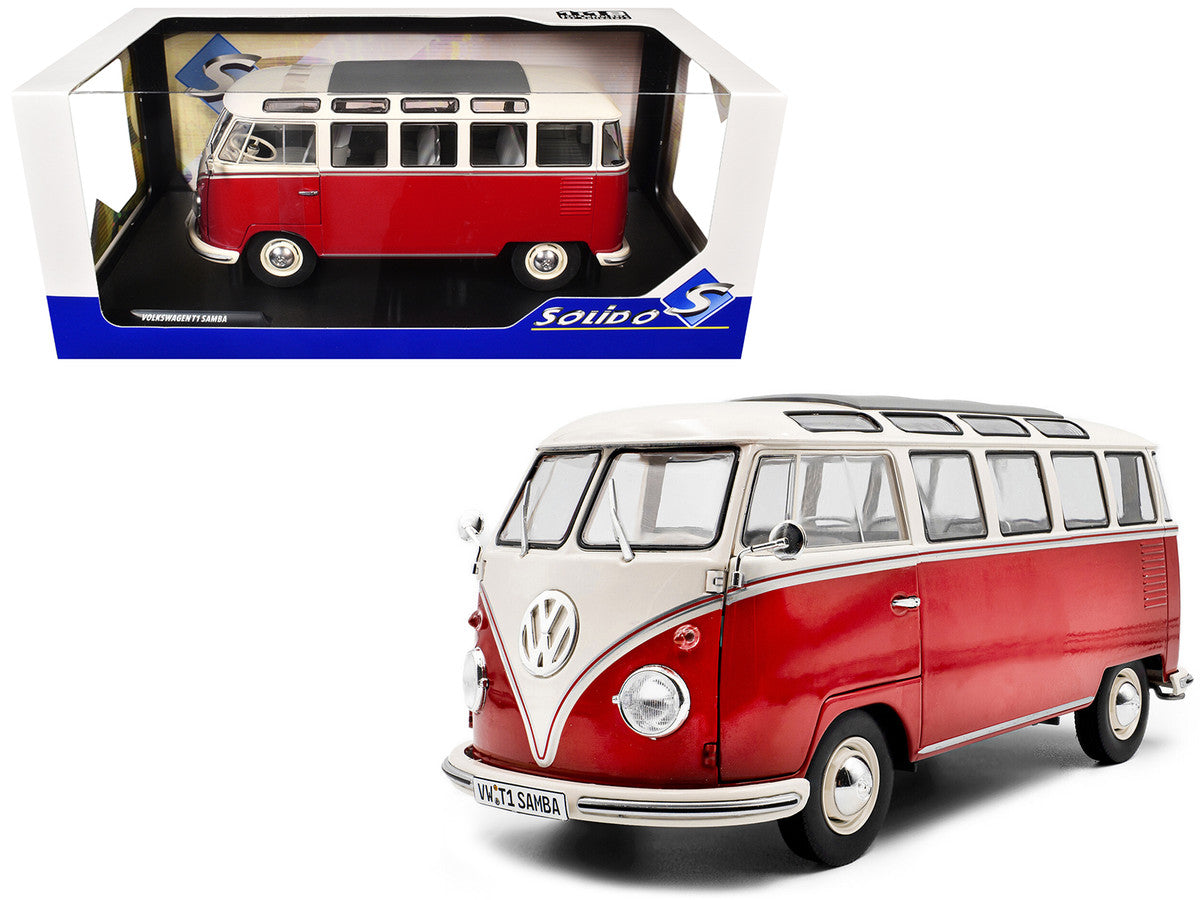 1962 Volkswagen T1 Samba Bus Red and White 1/18 Diecast Model Car by Solido-4