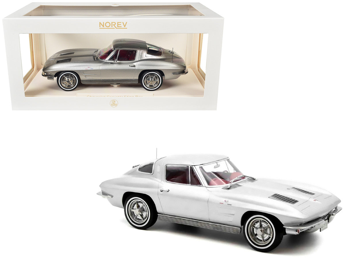 1963 Chevrolet Corvette Sting Ray Sebring Silver Metallic with Red Interior 1/18 Diecast Model Car by Norev-3