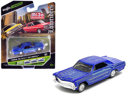 1965 Buick Riviera Candy Blue with Graphics ’Lowriders’ ’Maisto Design’ Series 1/64 Diecast Model Car by Maisto - Car