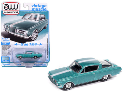 1965 Plymouth Barracuda Formula S Turquoise Metallic with White Stripe "Vintage Muscle" Series 1/64 Diecast Model Car by Auto World-2
