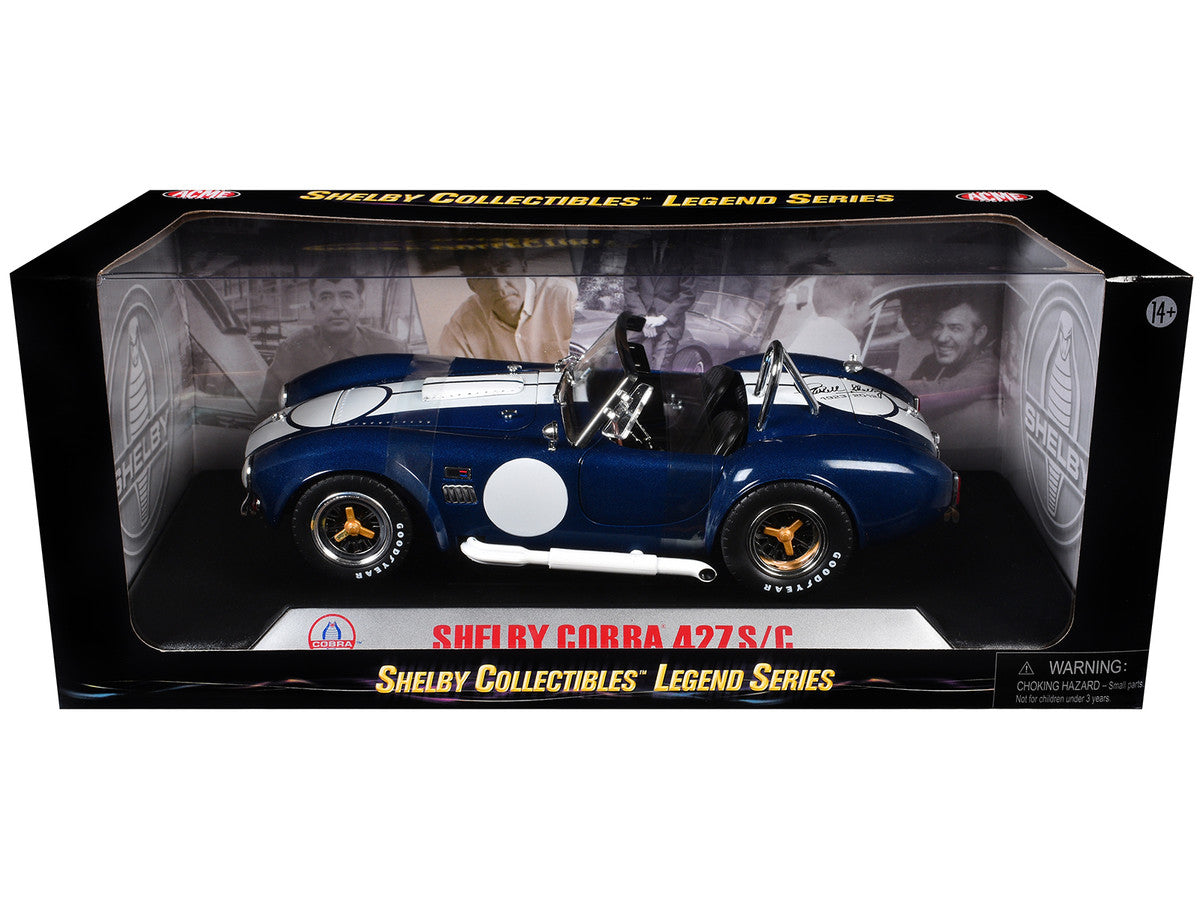 1965 Shelby Cobra 427 S/C Dark Blue Metallic with White Stripes with Printed Carroll Shelby's Signature on the Trunk 1/18 Diecast Model Car by Shelby Collectibles-1