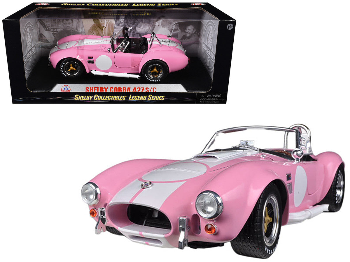 1965 Shelby Cobra 427 S/C Pink with White Stripes with Printed Carroll Shelby Signature's on the Trunk 1/18 Diecast Model Car by Shelby Collectibles-2