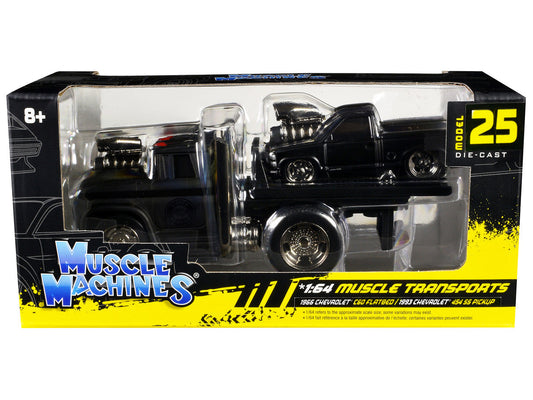1966 Chevrolet C60 Flatbed Truck Matt Black and 1993 Chevrolet 454 SS Pickup Truck Matt Black "Muscle Transports" Series 1/64 Diecast Models by Muscle Machines-0