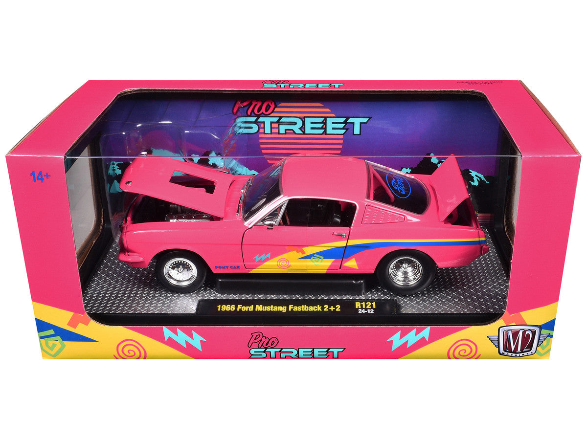 1966 Ford Mustang Fastback 2+2 Pink with Blue and Yellow Stripes "Pro Street" Limited Edition to 6250 pieces Worldwide 1/24 Diecast Model Car by M2 Machines-1