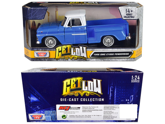 1966 GMC C1000 Fenderside Pickup Truck Lowrider Blue with White Top "Get Low" Series 1/24 Diecast Model Car by Motormax-1