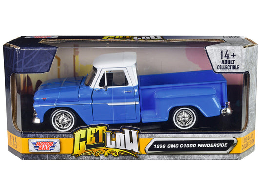 1966 GMC C1000 Fenderside Pickup Truck Lowrider Blue with White Top "Get Low" Series 1/24 Diecast Model Car by Motormax-2