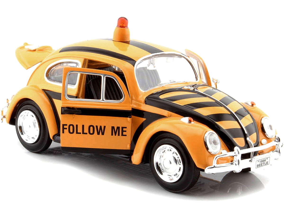 1966 Volkswagen Beetle "Follow Me" Airport Safety Vehicle Yellow with Black Stripes 1/24 Diecast Model Car by Motormax-1