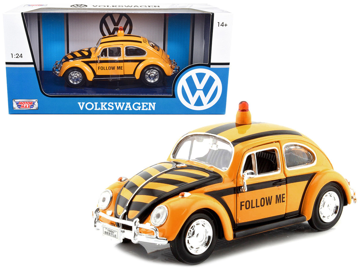1966 Volkswagen Beetle "Follow Me" Airport Safety Vehicle Yellow with Black Stripes 1/24 Diecast Model Car by Motormax-0