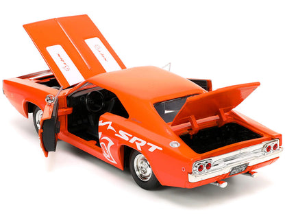 1968 Dodge Charger R/T SRT Orange with White Stripes and Graphics "Bigtime Muscle" Series 1/24 Diecast Model Car by Jada-3