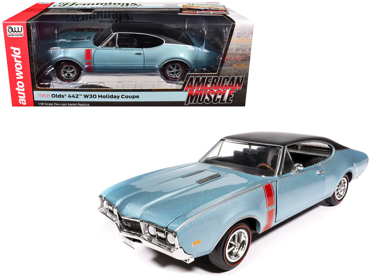 1968 Oldsmobile 442 W30 Holiday Coupe Teal Frost Metallic with Red Stripes and Black Vinyl Top "Hemmings Motor News July 2023 Cover Car" "American Muscle" Series 1/18 Diecast Model Car by Auto World-4