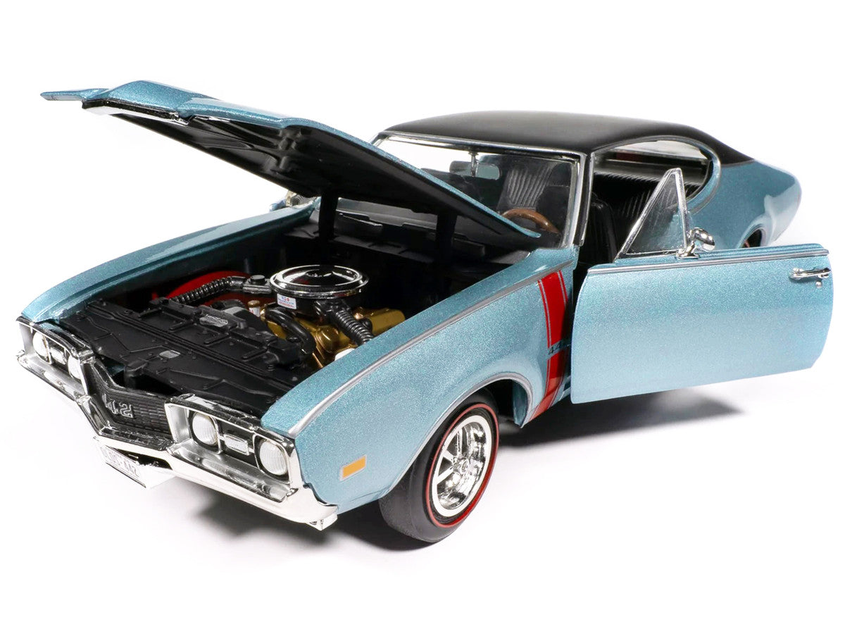 1968 Oldsmobile 442 W30 Holiday Coupe Teal Frost Metallic with Red Stripes and Black Vinyl Top "Hemmings Motor News July 2023 Cover Car" "American Muscle" Series 1/18 Diecast Model Car by Auto World-1