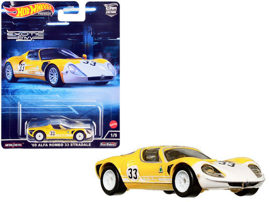 1969 Alfa Romeo 33 Stradale #33 Yellow and White ’Exotic Envy’ Series Diecast Model Car by Hot Wheels - Car Models