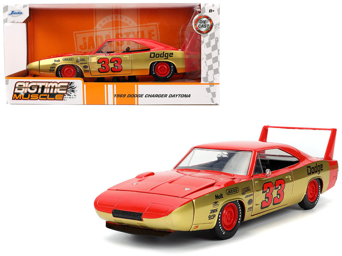1969 Dodge Charger Daytona #33 Red and Gold Metallic with Graphics "Bigtime Muscle" Series 1/24 Diecast Model Car by Jada-4