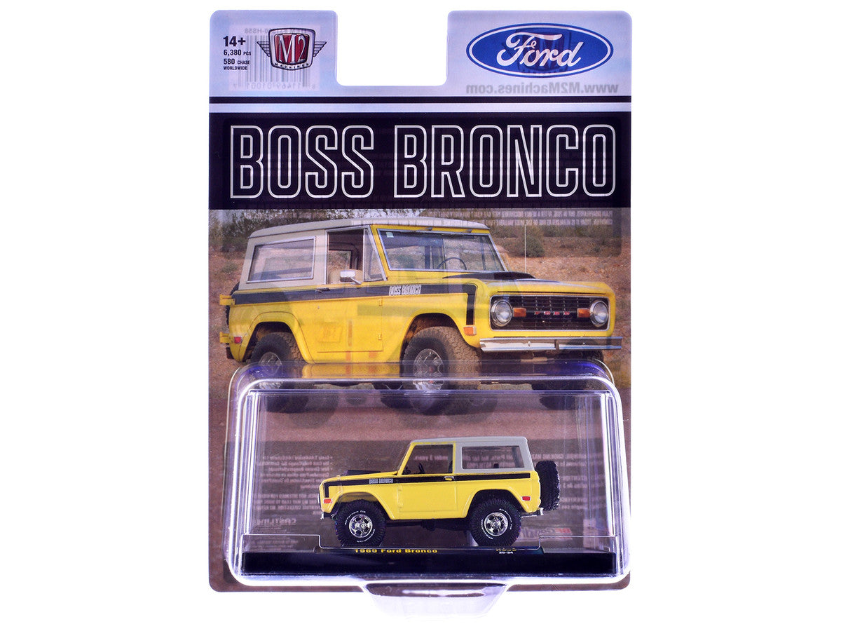 1969 Ford Bronco Yellow with Black Stripes and Gray Top Limited Edition to 6380 pieces Worldwide 1/64 Diecast Model Car by M2 Machines-1