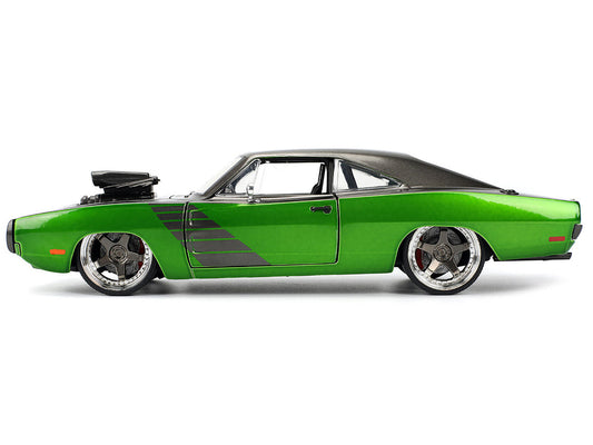 1970 Dodge Charger R/T Dark Gray Metallic and Green Metallic with Dark Gray Stripes "Bigtime Muscle" Series 1/24 Diecast Model Car by Jada-0