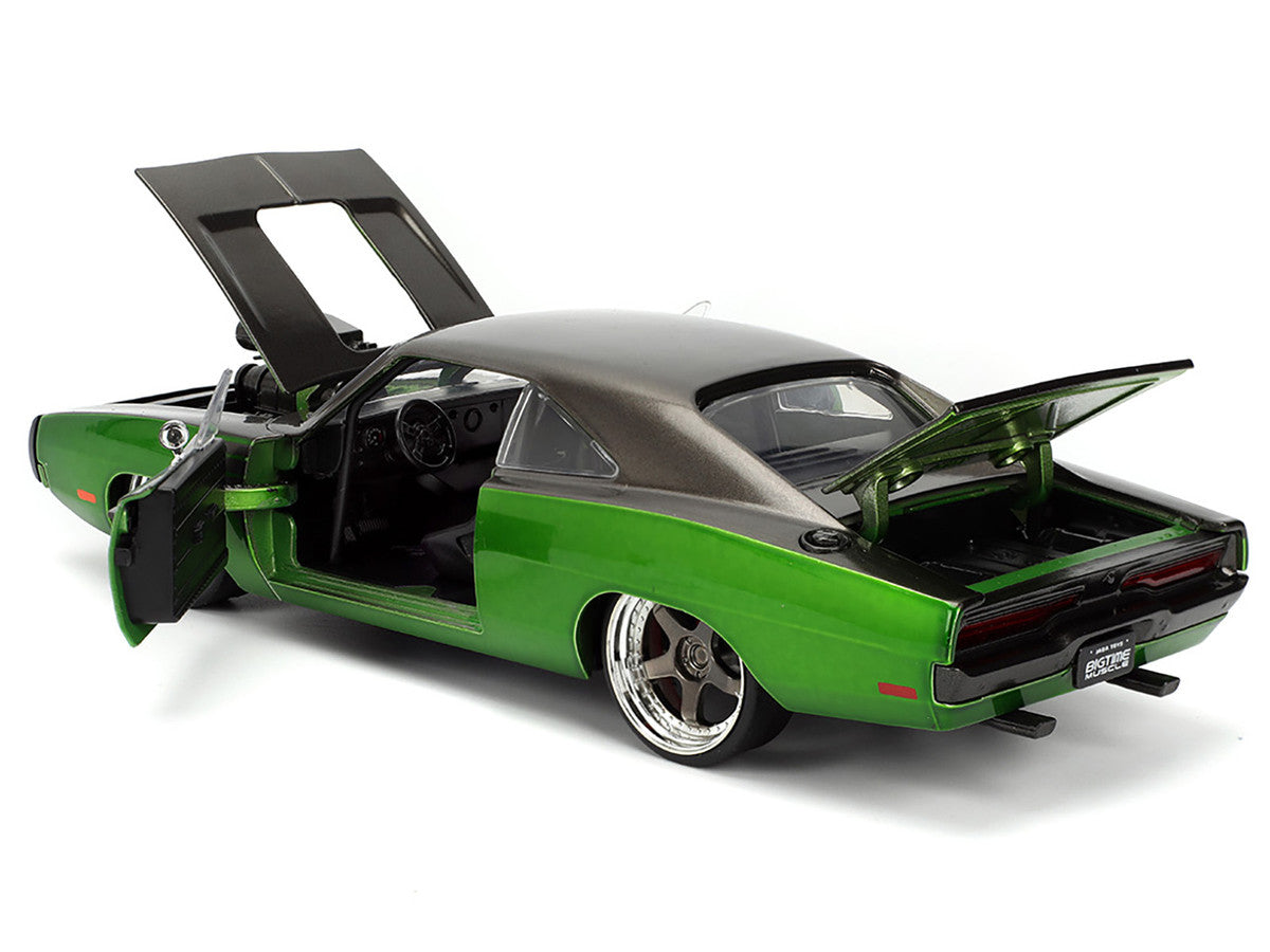 1970 Dodge Charger R/T Dark Gray Metallic and Green Metallic with Dark Gray Stripes "Bigtime Muscle" Series 1/24 Diecast Model Car by Jada-2