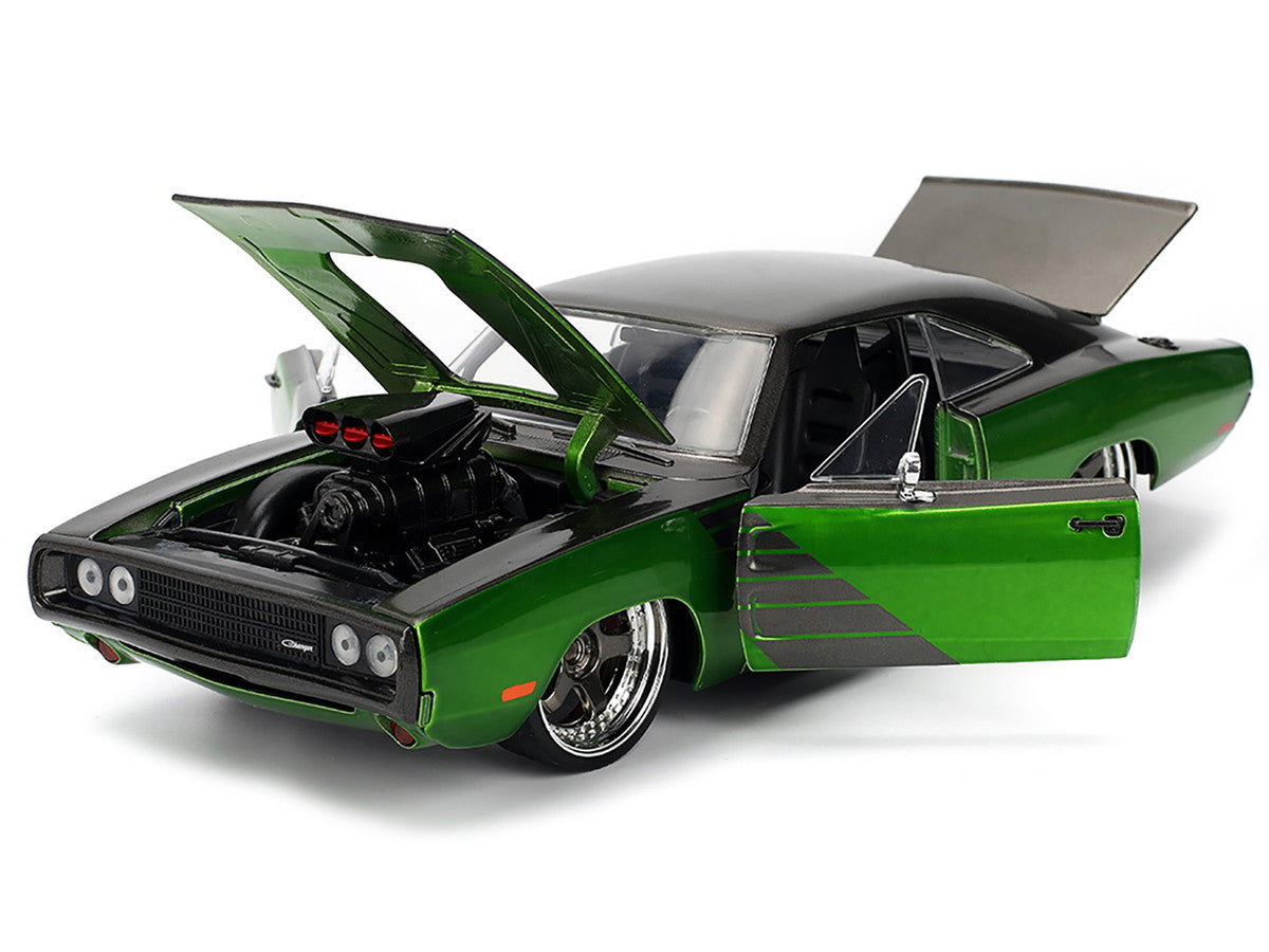 1970 Dodge Charger R/T Dark Gray Metallic and Green Metallic with Dark Gray Stripes "Bigtime Muscle" Series 1/24 Diecast Model Car by Jada-1