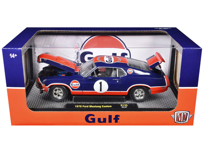 1970 Ford Mustang Custom #1 "Gulf Oil" Dark Blue with Orange Graphics Limited Edition to 7850 pieces Worldwide 1/24 Diecast Model Car by M2 Machines-1
