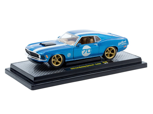 1970 Ford Mustang Sportsroof #70 Blue Metallic with White Stripes Limited Edition to 4050 pieces Worldwide 1/24 Diecast Model Car by M2 Machines-1