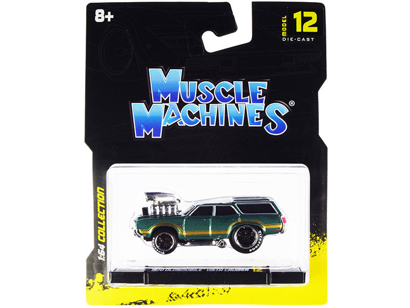 1970 Oldsmobile Vista Cruiser 442 Green Metallic with Gold Stripes 1/64 Diecast Model Car by Muscle Machines-0
