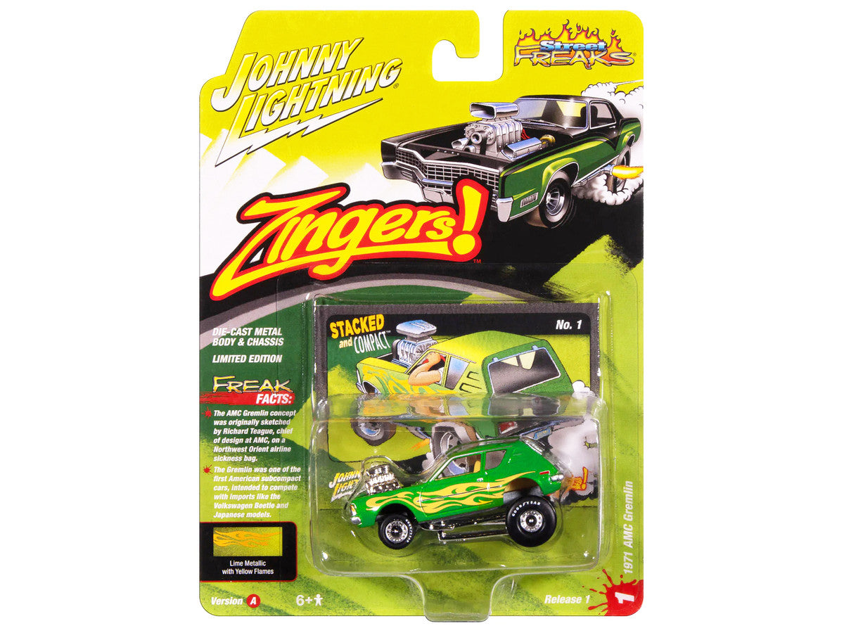 1971 AMC Gremlin Lime Green Metallic with Yellow Flames and Interior "Zingers!" Series 1/64 Diecast Model Car by Johnny Lightning-1