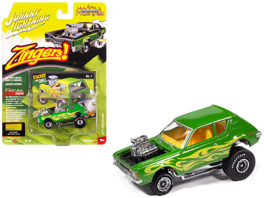 1971 AMC Gremlin Lime Green Metallic with Yellow Flames and Interior ’Zingers!’ Series 1/64 Diecast Model Car by Johnny