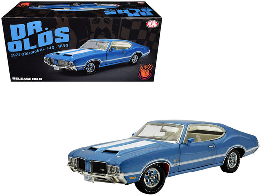 1971 Oldsmobile 442 W30 "Dr. Olds Release #6" Viking Blue Metallic with White Stripes Limited Edition to 442 pieces Worldwide 1/18 Diecast Model Car by ACME-0