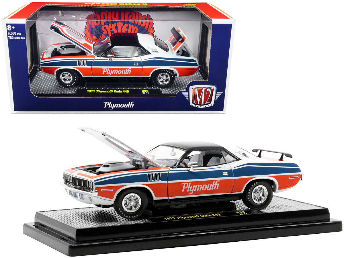 1971 Plymouth Barracuda 440 Pearl White with Blue and Red Stripes and Black Top Limited Edition to 6550 pieces Worldwide 1/24 Diecast Model Car by M2 Machines-0