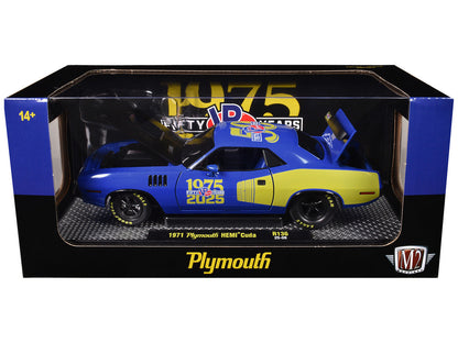 1971 Plymouth Hemi Cuda "VP Racing 50 Years" Blue with Yellow Sides Limited Edition to 8650 pieces Worldwide 1/24 Diecast Model Car by M2 Machines-1