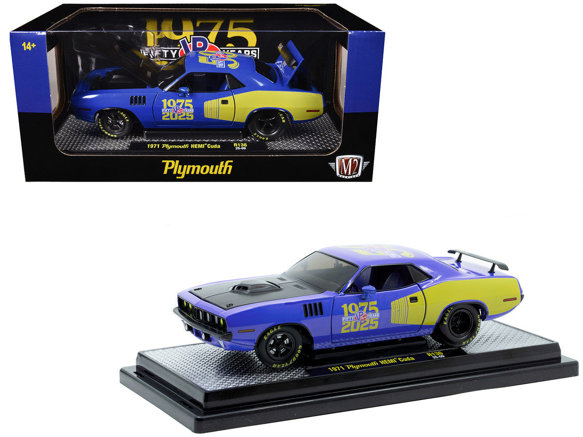 1971 Plymouth Hemi Cuda "VP Racing 50 Years" Blue with Yellow Sides Limited Edition to 8650 pieces Worldwide 1/24 Diecast Model Car by M2 Machines-2