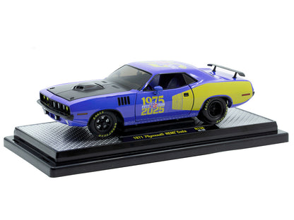 1971 Plymouth Hemi Cuda "VP Racing 50 Years" Blue with Yellow Sides Limited Edition to 8650 pieces Worldwide 1/24 Diecast Model Car by M2 Machines-0